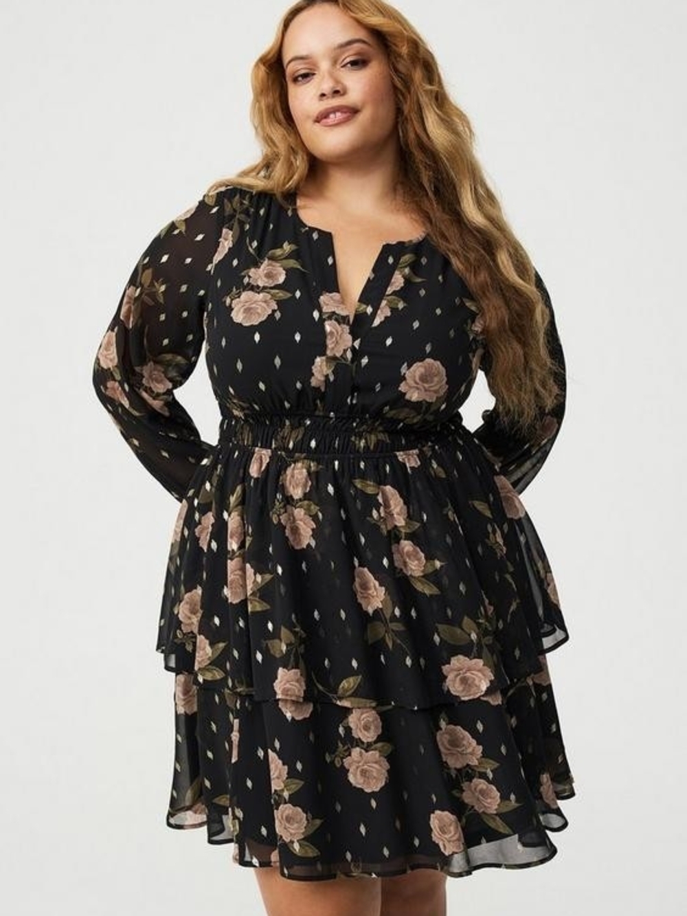 torrid Black Floral Tiered Long-Sleeve Dress with Blush Rose Print